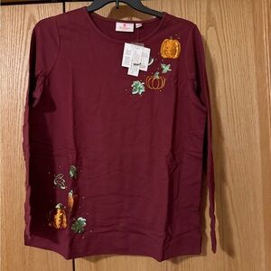 Women's Long Sleeve Burgundy Tee with Sequin Pumpkin Accents